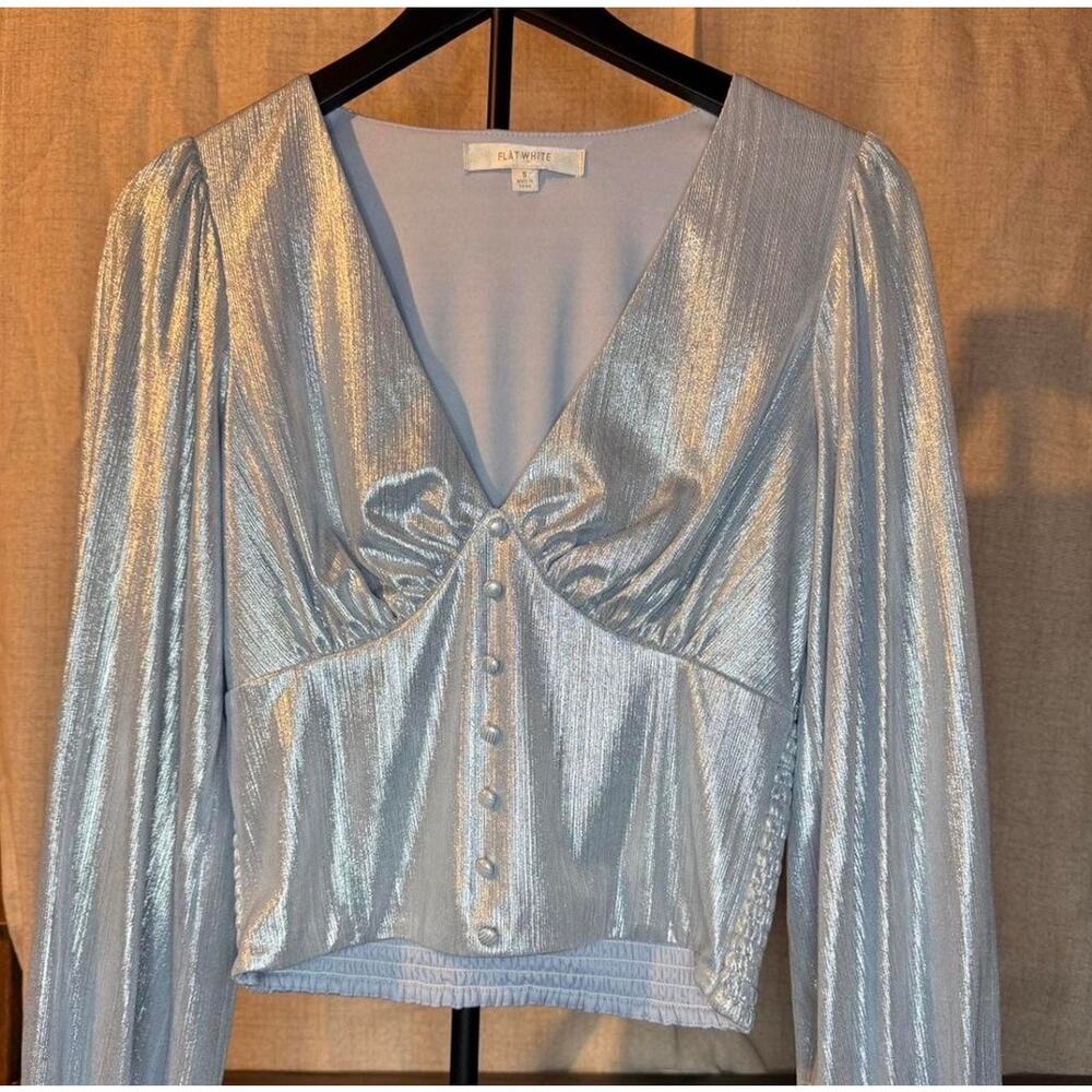 Like New Anthropologie Flat White Blue Irridescent Blouse Size S